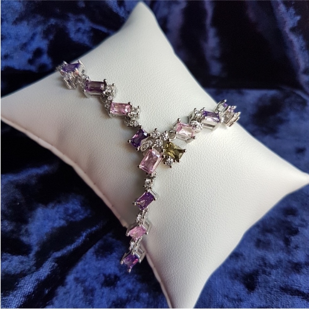 Swarovski Elements Platinum Multicolor Pink & Purple Gem Geometric Necklace NEW - Picture 11 of 13